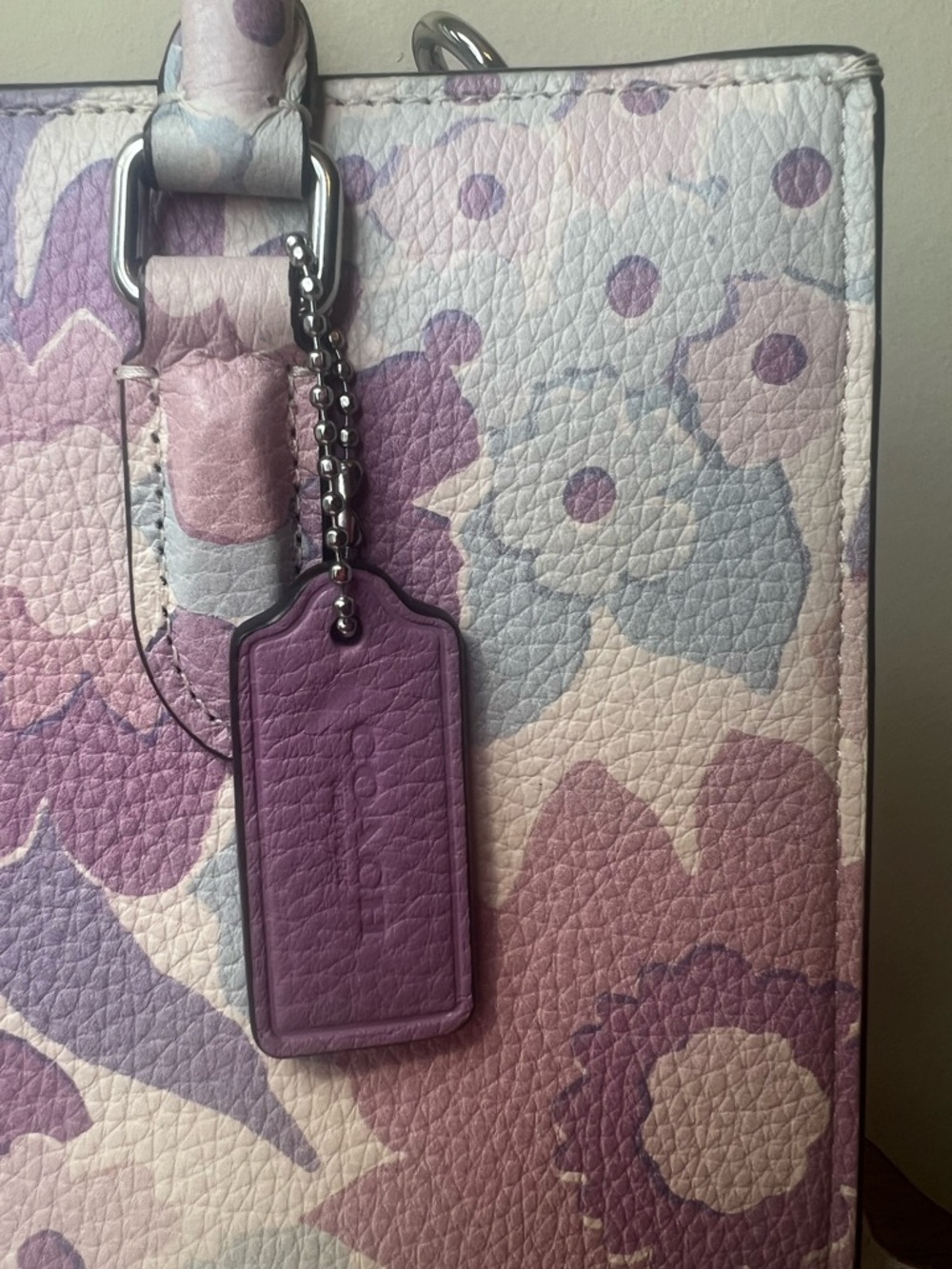 Coach Maggie Small Tote Floral Print Pebbled Leather Purple Ivory Crossbody EUC - Picture 3 of 16